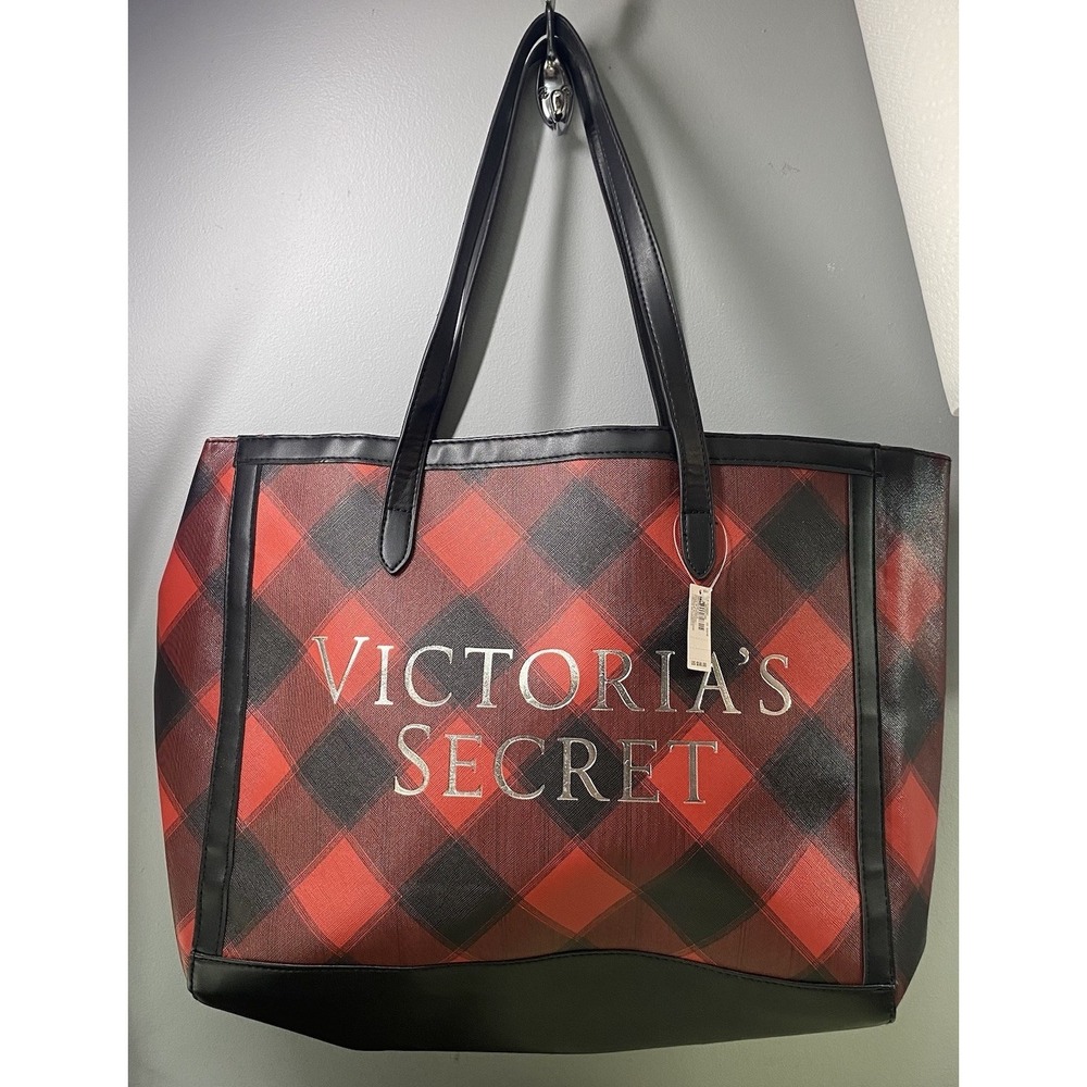 Victoria's Secret Plaid Limited Edition Carryall Tote Bag Red&Black 11x15x6" NWT